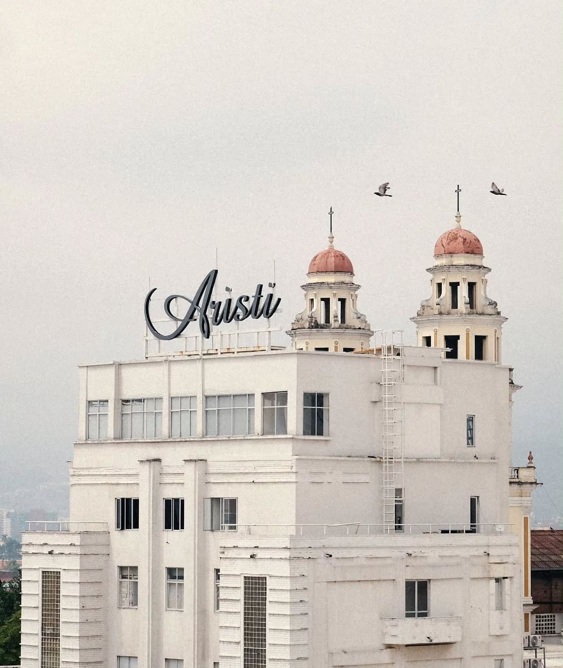 Edificio Aristi en el centro de Cali, con palomas volando alrededor de sus torres